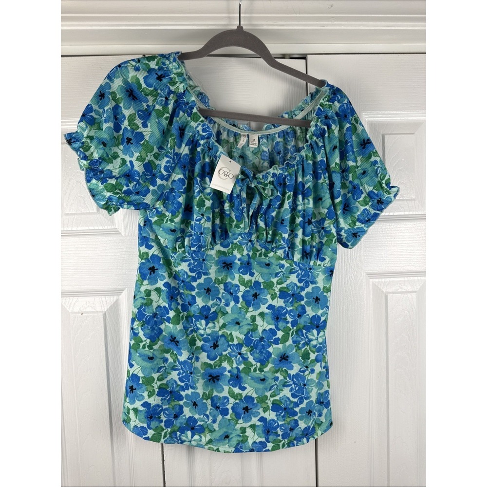 Cato Top Medium Rounded Tie Neck Bright Blue And Green Flowers‎ NWT